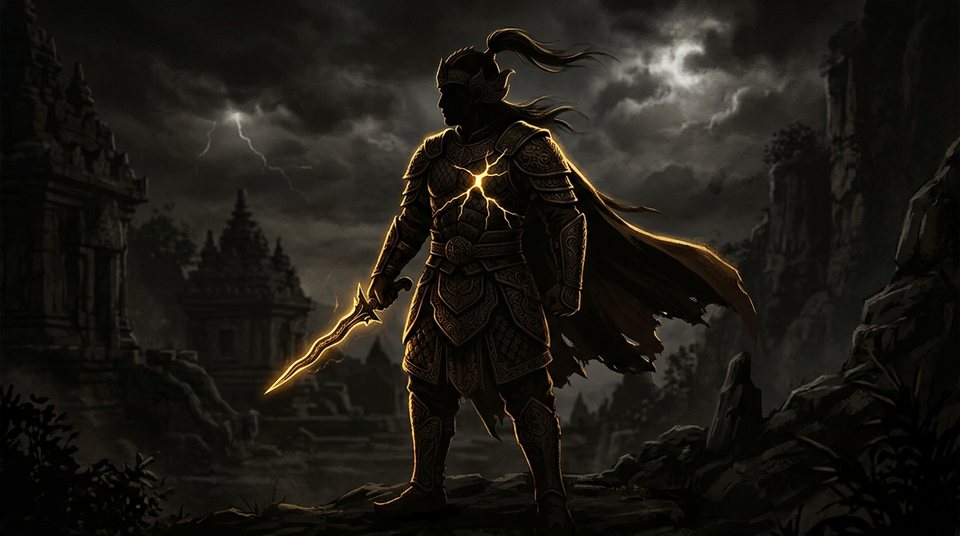 Ilustrasi ksatria berzirah dengan retakan cahaya keemasan, melambangkan ilusi kekebalan setelah menang beruntun